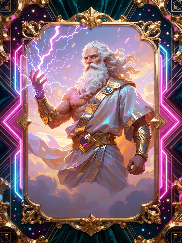 Bóg burzy z siwą brodą i błyskawicą w dłoni - kafelek slotu Gods of Olympus w Wyns Casino